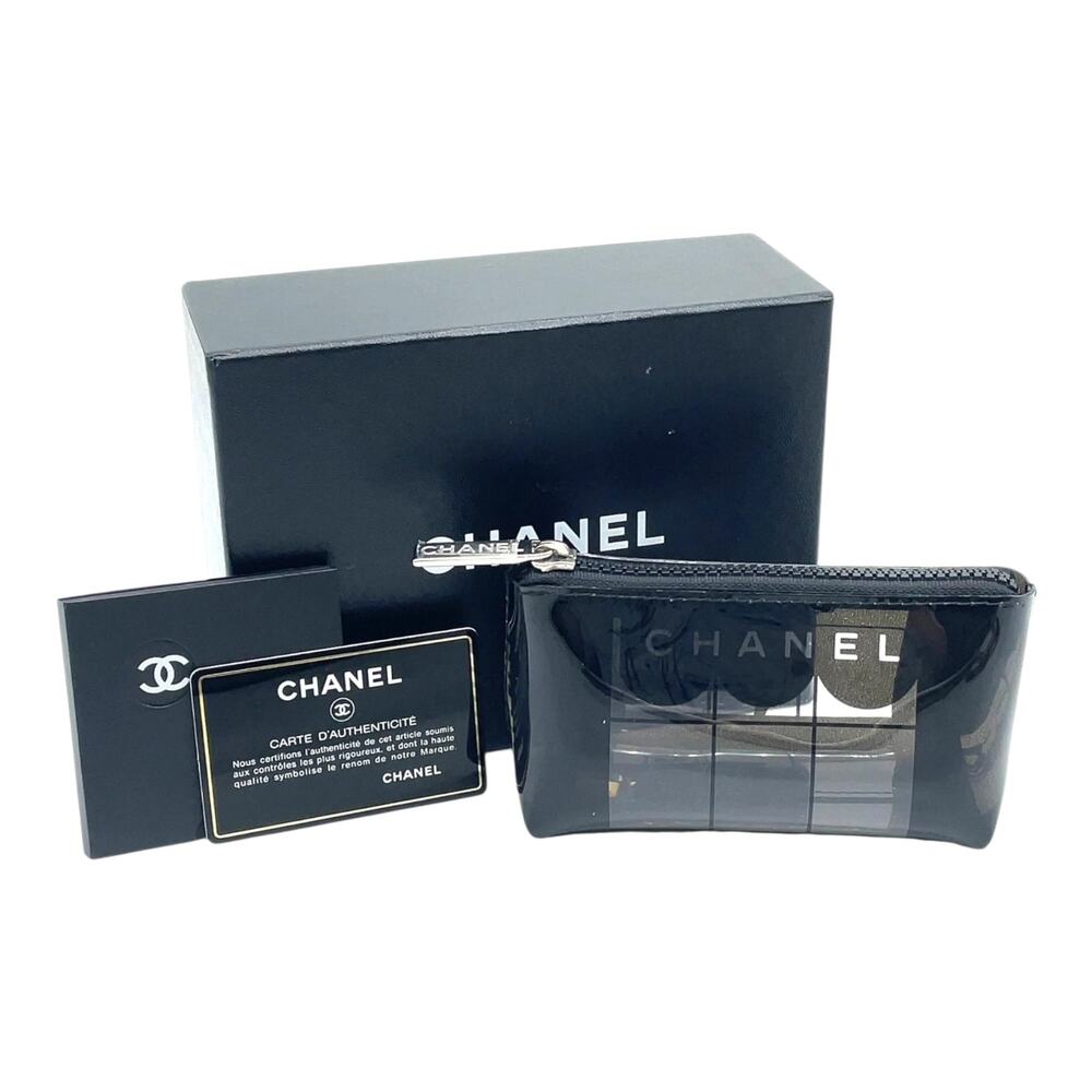 CHANEL 2002-2003 Vinyl Coco Windows Line Cosmetic Pouch Black Clear With Box